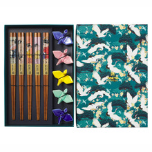 5 Pair Bamboo Chopsticks with Crane Rests Gift Set
